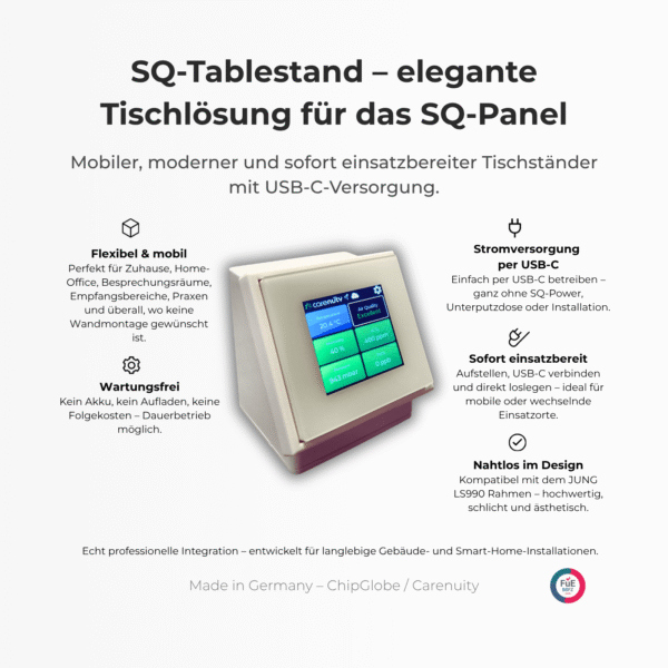 carenuity-SQ-Tablestand – elegante Tischloesung für das SQ-Panel-1 Carenuity SQ Tablestand Schwarz und weiss mobiler Tischständer für SQ Panel