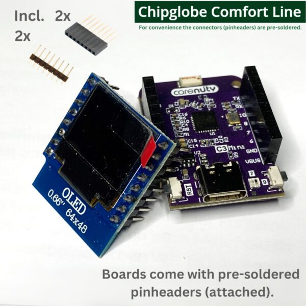 chipglobe-c3-mini-mit-0-66-zoll-oled-display-2 C3 Mini mit 0.66 Zoll OLED Display Lieferumfang Pins und Kabel