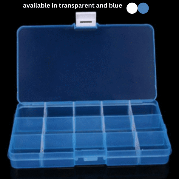 chipglobe-sortimentskasten-15-gitter-1 Sortimentskasten mit 15 Gittern blau transparent geöffnet
