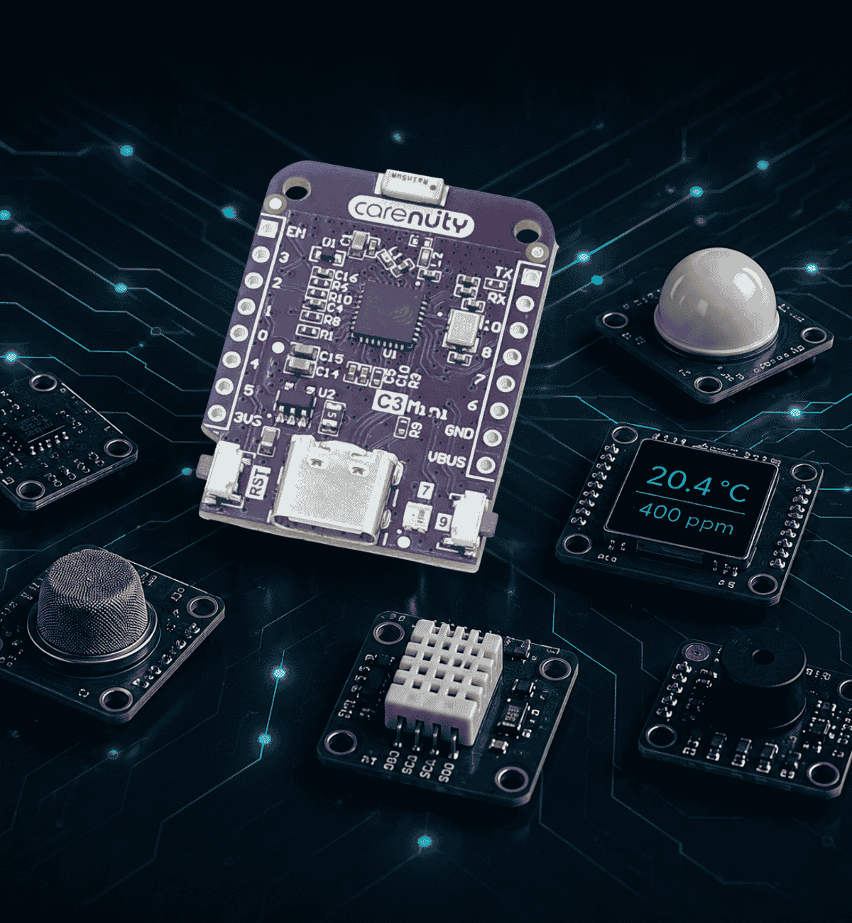 Carenuity C3 Mini IoT Entwicklungsboard mit Sensoren für Embedded Entwicklung und Prototyping