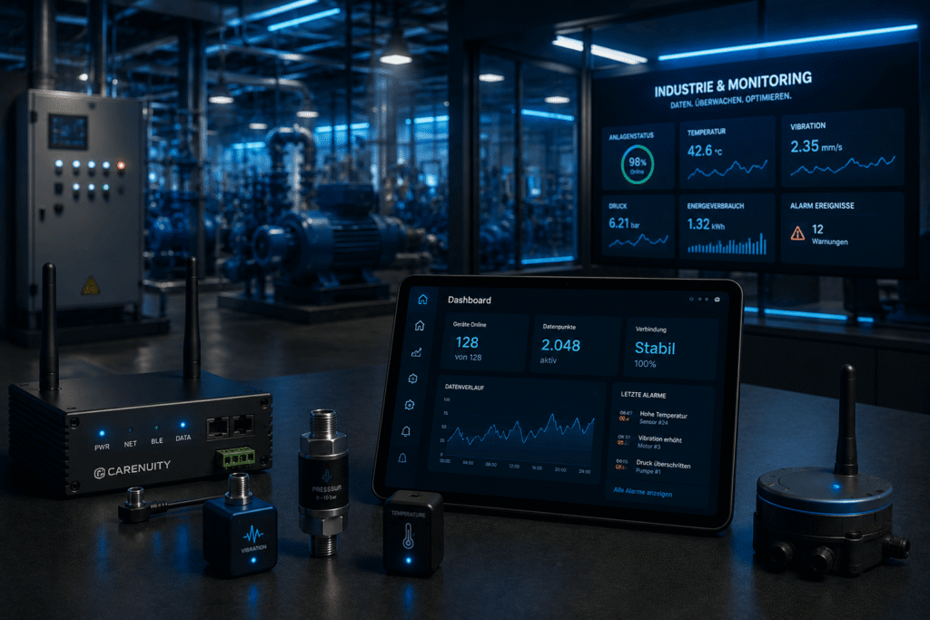 Industrie IoT Monitoring mit Sensoren, Dashboard und drahtloser Datenüberwachung für Carenuity C3 Mini Anwendungen