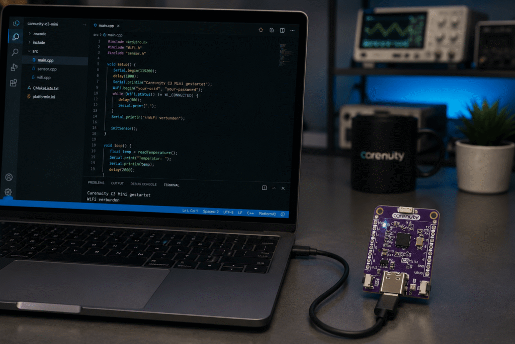 Carenuity C3 Mini ESP32-C3 Entwicklungsboard per USB-C mit Laptop verbunden und Code-Editor für IoT-Programmierung geöffnet