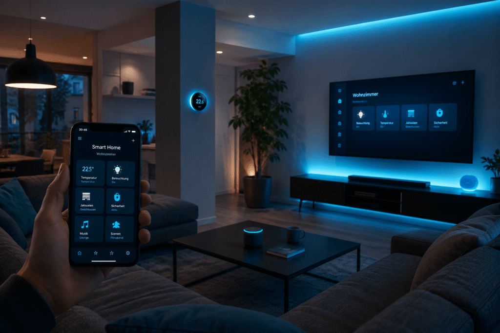 Modernes Smart Home Wohnzimmer mit IoT-Steuerung und vernetzten Geräten für Carenuity C3 Mini Anwendungen