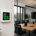 Carenuity SQ Panel Weiss im modernen Meetingraum zur intelligenten Luftqualitäts- und Smart-Building-Steuerung