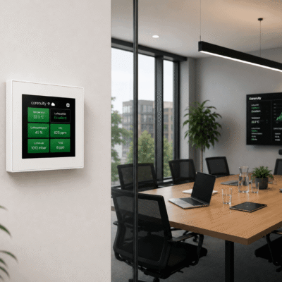 Carenuity SQ Panel Weiss im modernen Meetingraum zur intelligenten Luftqualitäts- und Smart-Building-Steuerung