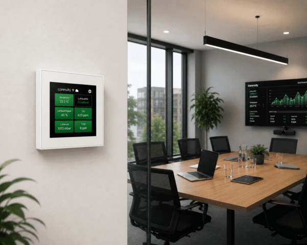 carenuity-office-luftqualitaet-sq-panel-weiss Carenuity SQ Panel Weiss im modernen Meetingraum zur intelligenten Luftqualitäts- und Smart-Building-Steuerung