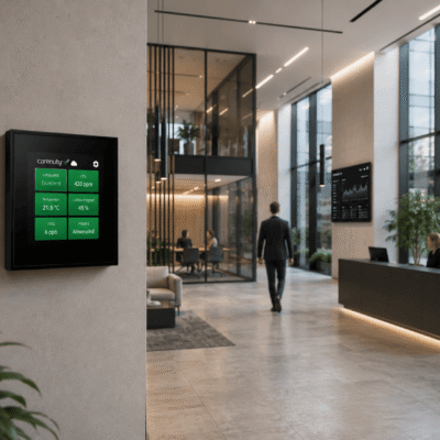 Carenuity SQ Panel in modernem Smart Building zur Überwachung von Luftqualität und Raumklima