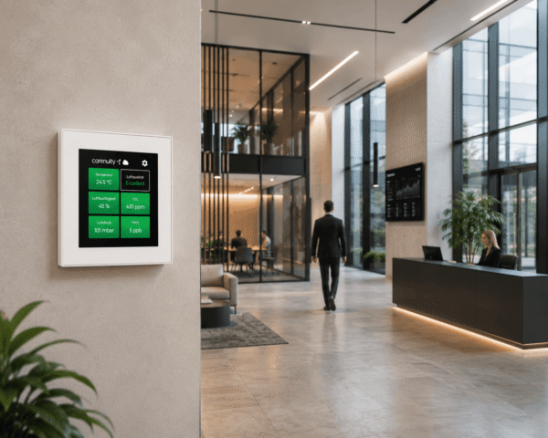 carenuity-professionelle-gebaeude-smart-building-luftqualitaet-sq-panel-weiss Carenuity SQ Panel Weiss in modernem Smart Building zur Überwachung von Luftqualität und Raumklima