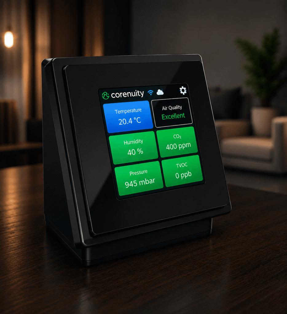 Carenuity Smart Home IoT Sensor für Luftqualität, CO₂ und Präsenzüberwachung SQ Panel schwarz
