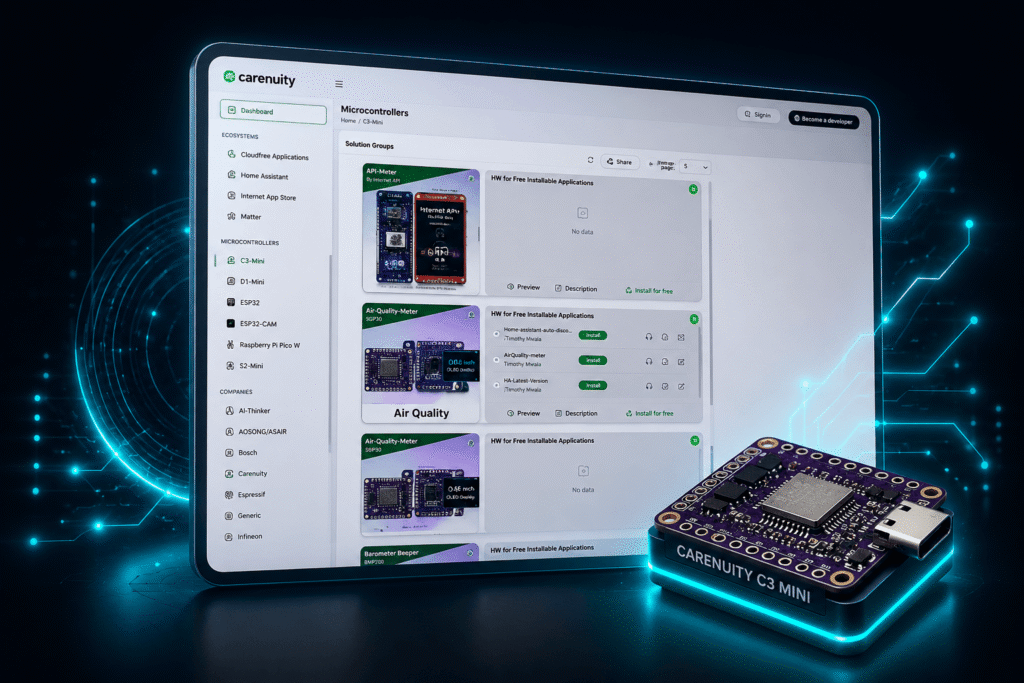 Carenuity Solution Builder mit C3 Mini Mikrocontroller und browserbasierter IoT Plattform