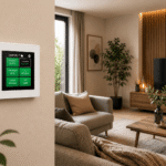 Carenuity SQ Panel Weiss im modernen Wohnzimmer zur intelligenten Luftqualitäts- und Smart-Home-Steuerung