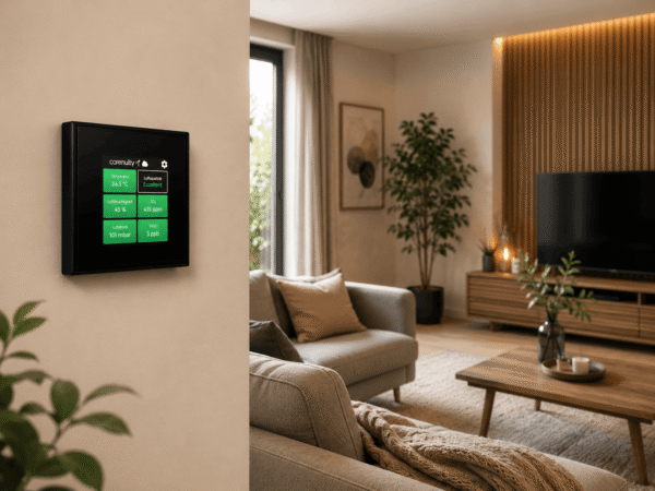 Carenuity SQ Panel im modernen Wohnzimmer zur intelligenten Luftqualitäts- und Smart-Home-Steuerung