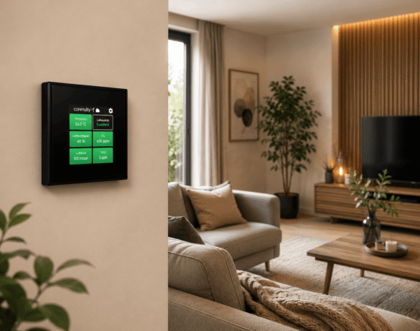 carenuity-sq-panel-wohnzimmer-smart-home Carenuity SQ Panel im modernen Wohnzimmer zur intelligenten Luftqualitäts- und Smart-Home-Steuerung