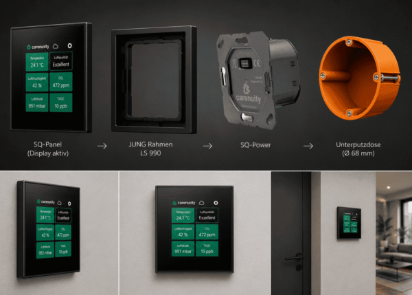 carenuity-sq-power-unterputz-installation-sq-panel-frame Carenuity SQ Power Unterputz Stromversorgung mit SQ Panel, JUNG LS 990 Rahmen und Unterputzdose für professionelle Wandinstallation
