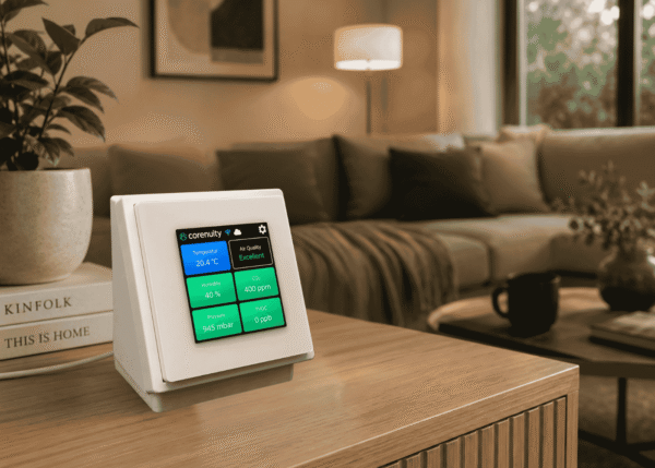 carenuity-starterkit-mobile-weiss-smart-home-tablestand Carenuity Starterkit Mobile Weiß mit SQ Panel im Tablestand auf einem Wohnzimmertisch