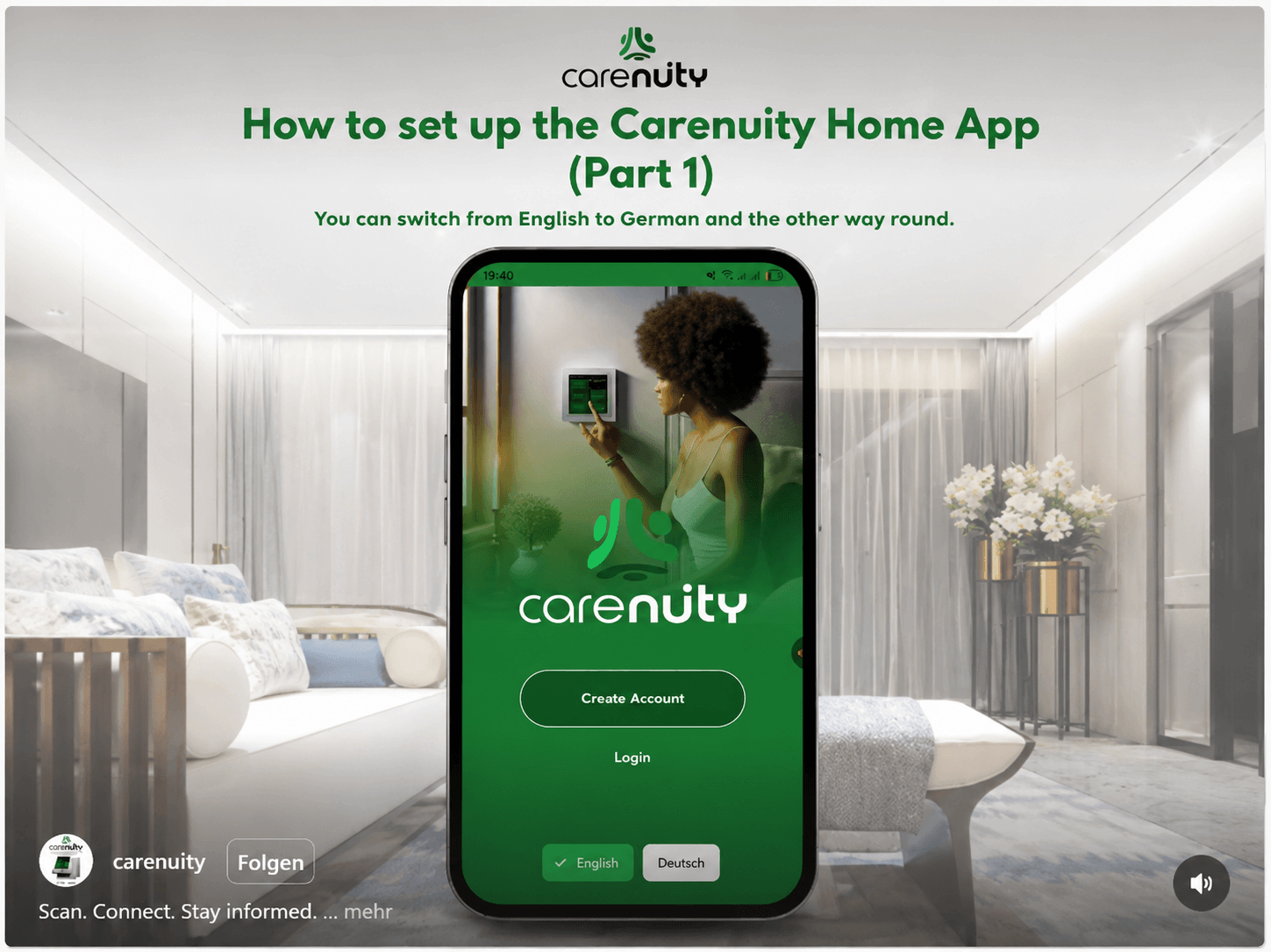 Carenuity Home App Einrichtung für das Starterkit – Benutzerkonto erstellen und Sprache auswählen