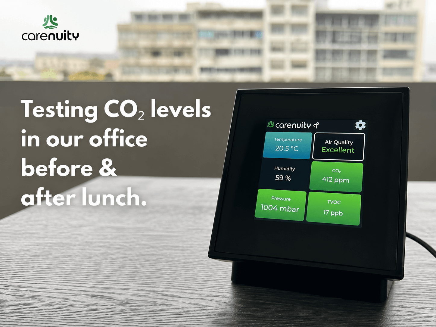 Carenuity SQ Panel zeigt die Veränderung von CO₂ und Luftqualität vor und nach einem Meeting