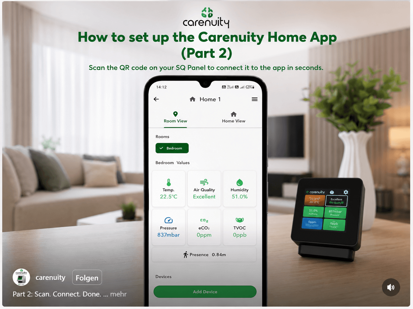 Carenuity SQ Panel per QR-Code mit der Carenuity Home App verbinden und Sensordaten anzeigen