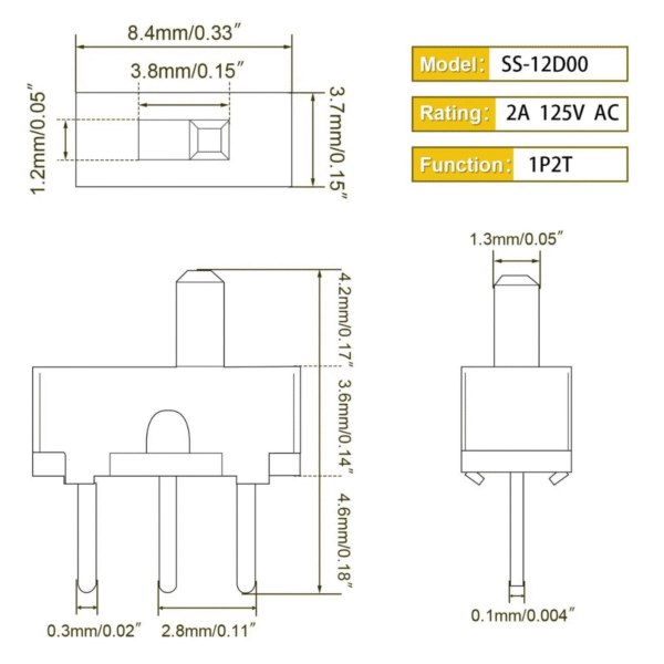 carenuity_micro-slide-switch-ss-12d00-3 Micro-Slide-Switch SS-12D00 Vertikal 3-Pin 12V Dimensions